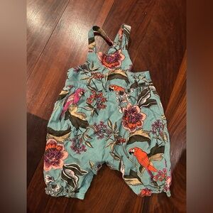 Peek Teal Soft Baby Overalls with Floral and Parrot Print 3-6M Like-New